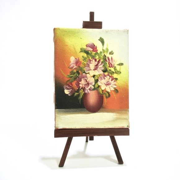 Small Oil Painting with Easel, Hand Painted Floral - Picture 2 of 7